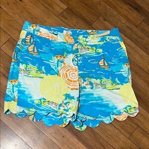 Bright Blue Scenic Print Women’s Scallop Hem Shorts